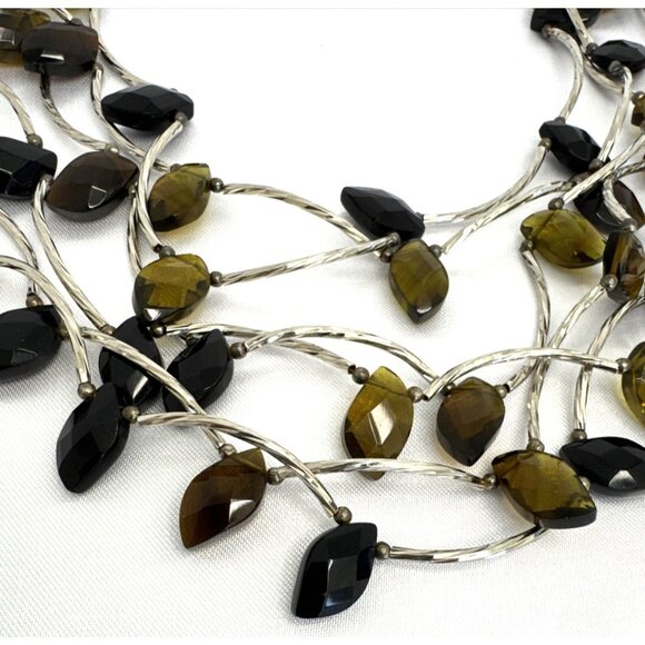 Multi-Strand Beaded Necklace With Black & Brown Beads Adjustable Chain - Picture 3 of 6